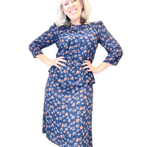 Vintage Orite 1980s Day Dress Teal Blue Floral Canadian Pleated Keyhole Peplum S